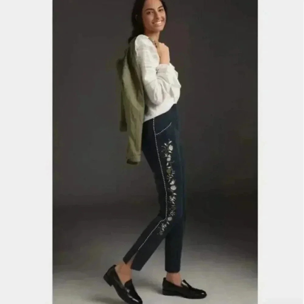 Anthropologie Dark Blue Floral Cropped Pants